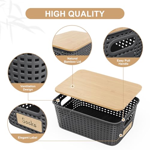 6Pcs Storage Bins with Lids, Stackable Plastic Storage Basket with Bamboo Lid, Pantry Organizer Box Small Containers for Organizing Shelves Drawer Desktop Closet Cabinet Office Classroom 10x7.1x4.1in - color: Gray