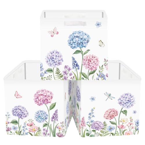 Clastyle Flowers Storage Cube Organizer Set Handle Closet Clothes Cube with Metal Frame Foldable Parents Organizer Storage Basket for Book Toy,Purple Hydrangea,11.8x11.8x11.8 in - color: Purple Hydrangea