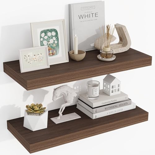 Acovy 24 Inch Floating Shelves, 24"x9.25"x1.5" Inch Deep Floating Shelves for Wall, Wooden Shelves for Bathroom, Bedroom, Living Room, Walnut, 2 Pieces - color: Walnut, size: 24"x9.25"-2pcs