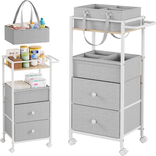 Modanais Baby Diaper Caddy Organizer Cart with Drawers - 3In1 Rolling Storage Cart with Wheels, Removable Diaper Caddy, Detachable Dividers - for Crib, Bedroom, Art & Craft Organizer (Light Gray) - color: Light Gray