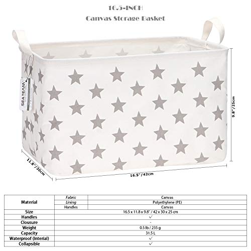 Sea Team Collapsible Canvas Fabric Storage Basket with Handles, Rectangle Waterproof Storage Bin, Box, Cube, Foldable Shelf Basket, Closet Organizer, 16.5 x 11.8 x 9.8 Inches, Grey Star - color: Star/Grey, size: 16.5 Inch (Pack of 1)