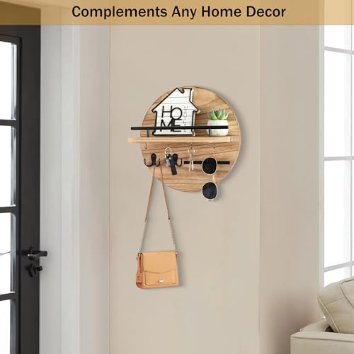 dreampossible Key Holder for Wall Decorative with Shelf and Hooks, Mail Organizer Wall Mount with Sunglasses Holder, Circular Design Entryway Key Rack Hanger, Rustic Home Decor - color: Light Brown