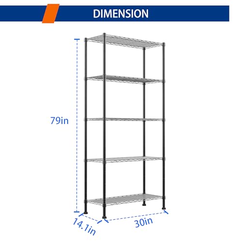 REGILLER 5-Wire Shelving Metal Storage Rack Adjustable Shelves,Standing Storage Shelf Units for Laundry Bathroom Kitchen Pantry Closet(Black,14.1" D x 30" W x 79" H) - color: Black, size: 5tier 14.1"D x 30"W x 79"H