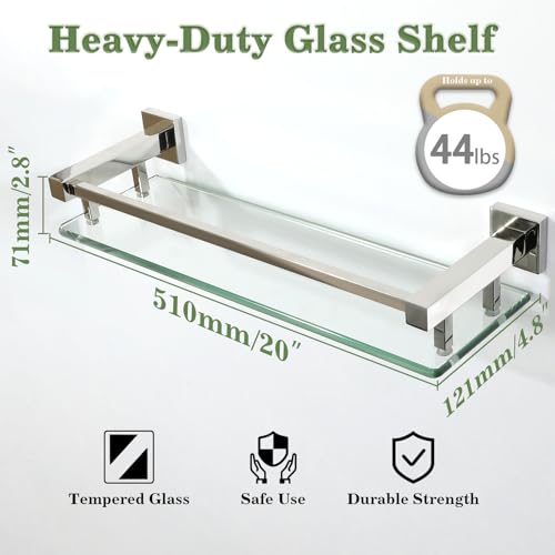 Alise Glass Shelf for Bathroom 20 inch, Polished Chrome Glass Floating Shelves, Stainless Steel Glass Bathroom Shelves Wall Mounted - color: Polished Chrome, size: 20 Inch