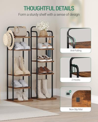 Hzuaneri 6 Tiers Vertical Shoe Rack, Narrow Shoe Tower, Tall Shoes Shelf with 2 Hooks, Adjustable Shelves, Corner Shoes Shelves for Small Spaces, Entryway, Living Room, Rustic Brown SR04201B - color: Rustic Brown and Black, size: 6 Tier(11.8"D x 10.4"W x