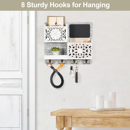 Mail Organizer Wall Mounted, 2 Slots Key Holder for Wall with 8 Hooks, Rustic Wood Key Rack with Shelf for Entryway Hallwall Farmhouse - size: Large