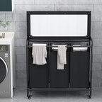 LINZINAR 3 Bag Laundry Basket Sorter Heavy Duty Rolling Lockable Wheels Laundry Hamper Cart with Ironing Board and Removable Bags, Black - size: 3 Bags Black with Board