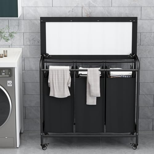 LINZINAR 3 Bag Laundry Basket Sorter Heavy Duty Rolling Lockable Wheels Laundry Hamper Cart with Ironing Board and Removable Bags, Black - size: 3 Bags Black with Board