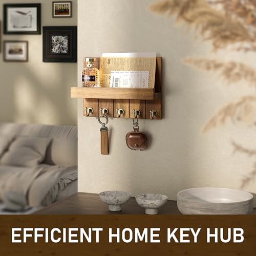 Rebee Vision Acacia Wood Key Holder Wall Mount – Farmhouse Key Holder for Wall & Mail Organizer with Shelf for Home Decor – Ideal for Apartment Essentials (Acacia Wood, 3.54" x 10" x 7.28") - color: Acacia Wood, size: 10 Inch