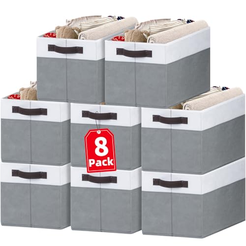 Criusia Large Storage Baskets 8 Pack Versatile Fabric Storage Bins for Closet Cabinet Wardrobe Nursery Pantry | Nursery Organizer Bins for Baby Diaper Toys Clothes | Housewarming Mothers Day Gift - color: White with Grey, size: 8pcs - Rectangular 14"x10"x