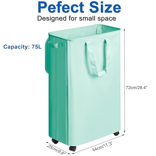 Vincona Slim Laundry Hamper with Lid and Wheels, Small Rolling Laundry Basket with Handle for Small Spaces, Tall Dirty Clothes Hampers for Dorm, Bathroom and Bedroom, 75L, Light Blue - color: Light Blue, size: 75L