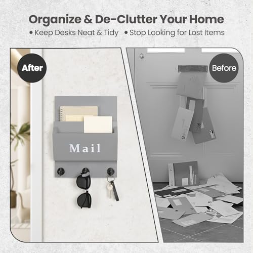 Mail and Key Holder - Decorative 9.8" x 12.5" Wall Key Hanger with 2 Mail Organizer Slots and 3 Hooks - Real Paulownia Wood with Keyhole Brackets, Hardware and Instructions (Gray) - color: Gray