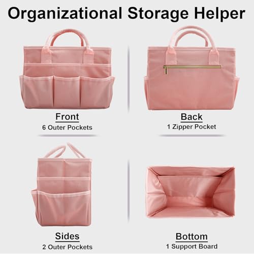 Cupohus Art Organizer Craft Storage Tote Bag with Pockets and Handles, Oxford Fabric Carrying Caddy for Teacher, Officer, Artist, Traveler, and More –Pink - color: Pink