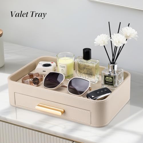 GORESE Valet Jewelry Tray Nightstand Organizer with Drawer, PU Leather Perfume Tray Trinket Trays for Vanity Bathroom Entryway, Catchall Trays for Key Purse Watch Cologne, Gift for Women Men, Beige - color: Beige
