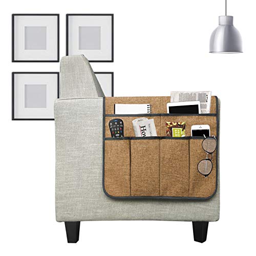 Couch Sofa Armrest Organiser Arm Chair Caddy Bedside Storage Pocket with 6 Pockets TV Remote Holder Bed Storage Pocket Bag for Cellphone Tablet Notepad Book Magazines DVD Glasses - color: #B Coffee(Cotton + Linen)