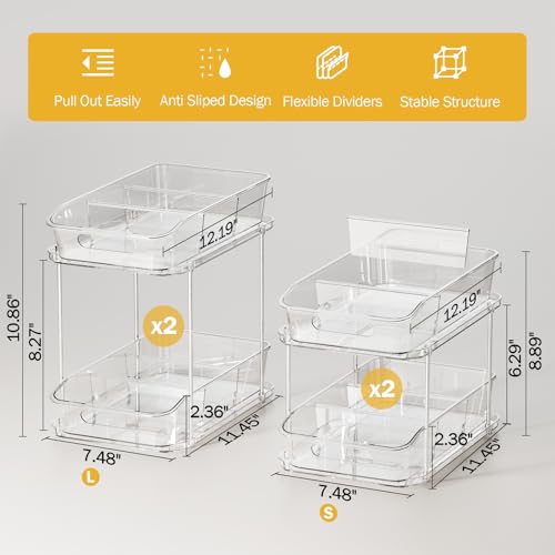 Delamu 2-Tier Under Sink Organizers and Storage, Multi-Purpose Stackable Bathroom Cabinet organizers, Pull Out Kitchen Pantry Organization and Storage with Dividers(4 Pack, Clear) - color: Clear, size: 4 Pack