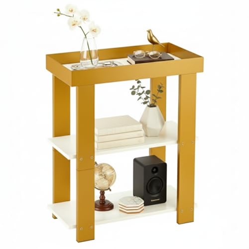 Modern 3-Tier Gold Side Table, Narrow End Table with White Tray Top Shelves, Slim Nightstand Bedside Table for Small Spaces, Living Room, Bedroom, Bathroom Storage Organizer Stand (White+Gold) - color: White + Gold