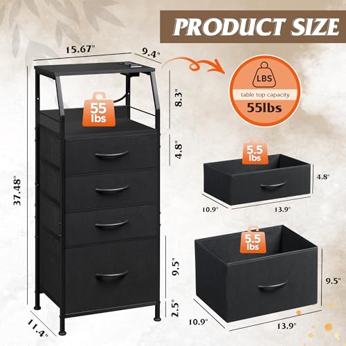 WLIVE Night Stand with Charger Station, LED Nightstand with 4 Fabric Drawers and Storage Shelf, Tall Dresser for Bedroom, 37.48" H Bedside Table with 3 USB Ports and Outlets, Black - color: Black, size: 4 Drawers