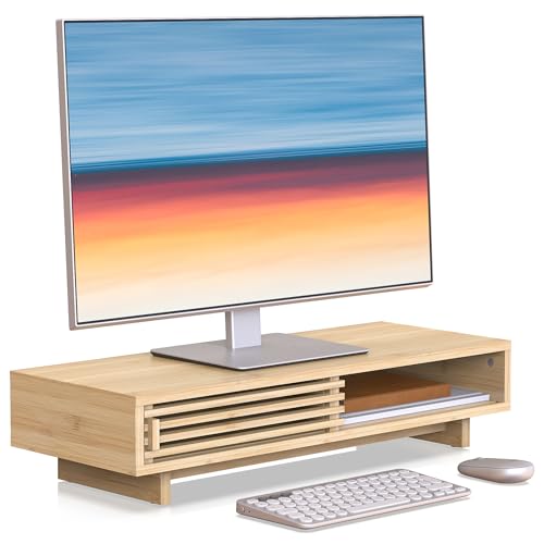 Monitor Stand Riser with Sliding Door, Computer Laptop Stand Desk Shelf Organizer with Storage (Natural Bamboo, 25 Inch) - color: Natural Bamboo, size: 25 Inch