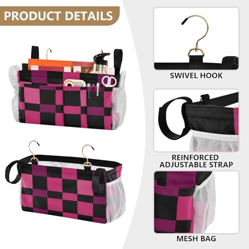 Bedside Caddy Metal Frame Hanging Organizer Bunk Bed Dorm Accessories Hook And Loop Storage Bag Large Pockets Checkered Dark Pink and Black - color: Checkered Dark Pink and Black