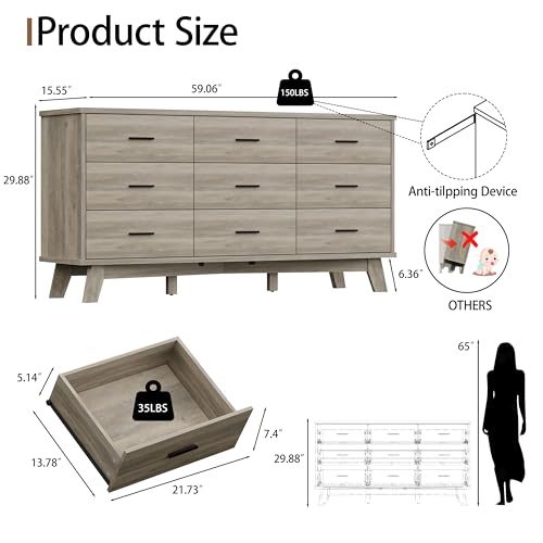 Xixini Dresser for Bedroom, 9 Drawer Wide Modern Chest of Drawers with X-Shaped Sturdy Base, Wood Double Dresser Closet Clothes Storage Organizer, Wooden TV Stand for Living Room, Hallway, Grey - color: Grey, size: 15.6"D x 59.1"W x 29.5"H (9 Drawers)