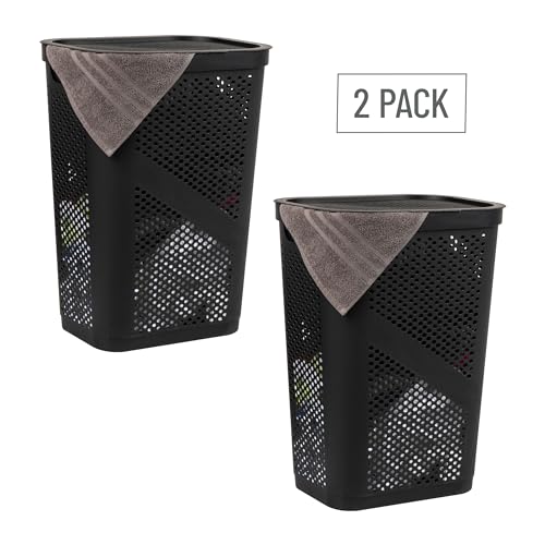 Mind Reader 60L Slim Laundry Hamper, Clothes Basket, Lid, Ventilated, Plastic, Set of 2, Black - color: Black, size: 2-Pack