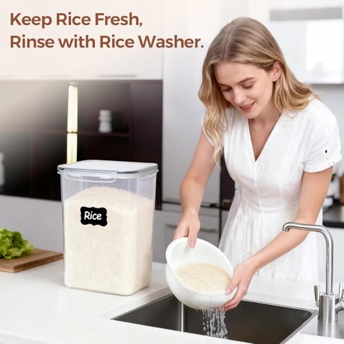 ComSaf Rice Container Set of 2(9.5L/10Qt), Large Airtight Food Storage Containers with Lid and Rice Washer, Plastic Canisters Sets for The Kitchen, Pantry Organizers for Flour, Cereal and Cooking - size: 10Qt-Rectangle