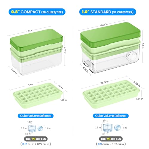 PHINOX Ice Cube Tray With Lid and Bin, Ice Trays for Freezer, Flexible Ice Cube Trays, Making 56 pcs Ice Cubes, Chilling Cocktail, Whiskey, Coffee, with 2 trays, Ice Container, Scoop&Cover, BPA Free - color: Green, size: 0.8"-2tier