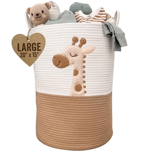 Baby Laundry Basket & Nursery Hamper – 20"x15" Large Giraffe Baby Hamper for Nursery Decor, Tall Woven Rope Dirty Clothes Laundry Hamper with Handles, Safari Animal Baby Room Storage Bin (White & Tan) - color: Giraffe