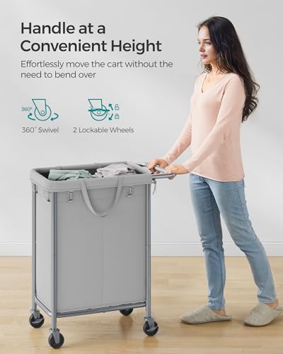 SONGMICS Laundry Basket with Wheels, Rolling Laundry Hamper, 23.8 Gallons (90 L), Removable Liner, Steel Frame with Handle, 24 x 11.4 x 31.9 Inches, Dove Gray URLS003G01 - color: Dove Gray, size: 90 L (1-Section), style: Rectangular with handle