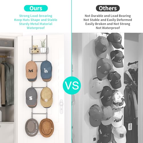 HapiRm Over Door Hat Rack - 2 Packs Wall Mounted Hat Holder with 6 Hooks and Metal Basket Design, Baseball Cap Organizer Storage Up to 32 Caps for Door, Bedroom, Closet (Grey) - color: Grey, size: 1 Pack