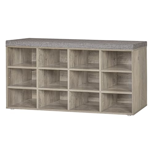 DINZI LVJ Shoe Bench, 12 Cubbies Shoe Organizer for Entryway, Storage Bench with Cushion, Cubby Shoe Rack with Adjustable Shelves for Living Room, Bedroom, Mudroom, Hallway, Gray Wash - color: Gray Wash, size: 12 Cubby