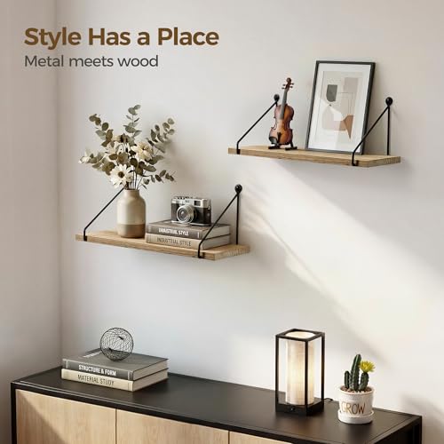 Afuly Floating Wall Shelves Rustic Wall Mounted Hanging Shelf Farmhouse Wall Bookshelf for Bathroom Kitchen Dining Living Room Wood Metal Organizers, Set of 2 - color: Brown & Black, size: 5.7"D x 16.5"W