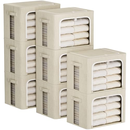 FHSQX 8 Pack Clothes Storage Bins - Foldable Storage Bins for Clothes Fabric Storage Box with Metal Frame (Beige, 16.5x12.2x12.2 inch) - color: Beige, size: 16.5x12.2x12.2 Inch