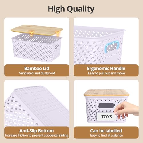 Plastic Storage Bins with Bamboo Lids, Stackable Small Box Baskets for Organizing and Containers for Shelves Drawers Desktop Closet Pantry Classroom Office Home, 6 Pack 10.2"x7.2"x4.1" Lavender - color: Lavender
