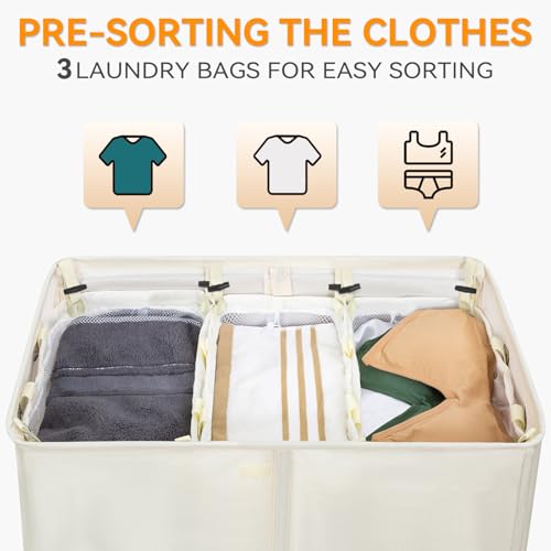 WOWLIVE Laundry Hamper with Lid,180L Large Laundry Basket 3 Section with Removable Washing Bags,Collapsible Waterproof Dirty Clothes Hamper for Laundry Room Bathroom Dorm,Beige - color: Beige, size: 180L (31.5x 12.2 x 27.5 Inches)