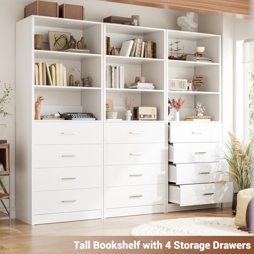 Aheaplus Closet Drawers Organizer System, 5.3FT Wood Closet System with 4 Drawers, Modular Walk-in Closets Storage Unit, Tall Bookshelf Storage Cabinet, White (3 Packs) - color: White, size: 63.8''
