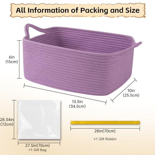 OIAHOMY Woven Basket, Gift Basket Empty with Gift Bags and Ribbons, Rope Baskets for Baby Showers, Storage Baskets with Handles for Nursery, Pet Toy Organizer - Lilac Purple - color: Lilac Purple, size: Medium: 13.5L*10W*6H