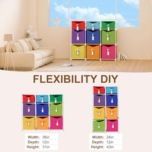9 Cube Storage Organizer Shelf with Storage Bins and Label, 11 Inch Toy Cube Bins Clothes Closet Organizers Drawers Fabric Dresser for Living Room, Bedroom, Playroom, Dorm(Bright) - color: Bright