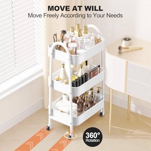 EAGMAK 3 Tier Rolling Cart Under Desk, Large Metal Storage Cart with Handle and Lockable Wheels, Big Multifunctional Storage Organizer Trolley for Kitchen, Living Room, Office, Garage (White) - color: White, size: Large