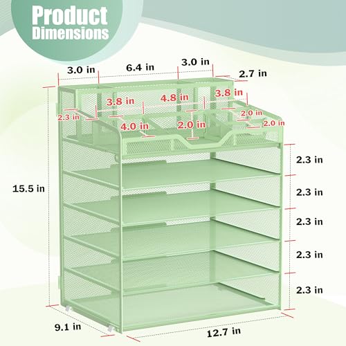 Docnest 6 Tier Mesh Desk Organizer for Paper Office Supplies – Multi-Functional Letter Tray with 5 Adjustable Compartments, 6 Pen Holders, Desktop Storage for Files, Mail, Stationery – Green - color: Green, size: 12.7" x 9.1" x 15.5"