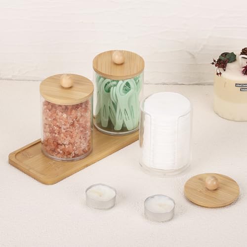 Tbestmax 10 oz Qtip Holder with Vanity Tray, 3 Pack Cotton Swab/Ball/Pad Dispenser Apothecary Jar, Clear Bathroom Containers Dispenser for Storage Bamboo Lids - color: Group B-Beige Bamboo