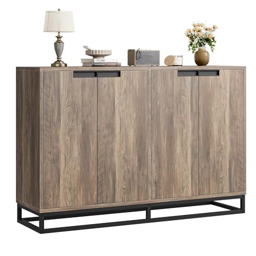 IDEALHOUSE 55 Inch Sideboard Buffet Cabinet with Storage, Accent Cabinet with 4 Doors & Adjustable Shelves, Multifunctional Storage Cabinet for Kitchen, Dining Room, Entryway & Living Room - color: Brown