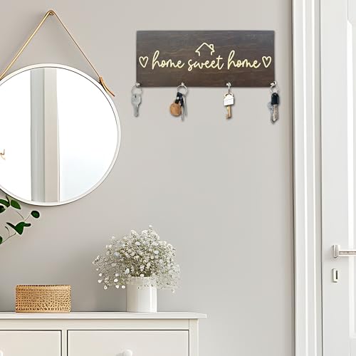 Sweet Home Wooden Key Holder for Wall - 5"x10" Key Organizer Hanger with 4 Hooks for Front Door Hallway Entryway Kitchen - Home Office Decor & Housewarming Gifts Supplies - A06 - color: Home Sweet Home