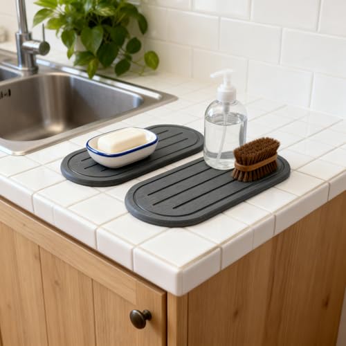 Razborci 2PCS Water Absorbing Stone Drying Tray Mat for Bathroom Sink & Kitchen Counter Faucet Organizer Decor, Quick Dry Dish Soap Dispenser Sponge Holder, Vanity Caddy Coaster,Dark Gray -10"*3.8" - color: 2pack-10"x 3.8" - Dark Gray
