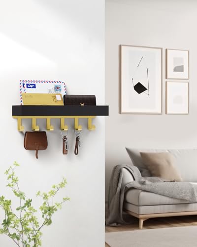 Key Holder Wall Mount Adhesive Magnetic - Hanging Key Hooks with Tray for Wallet House Accessories - Keys Hanger Rack with Shelf for Camper Entryway Door Home Living Room Decor Black Gold - color: Gold Black, size: Medium
