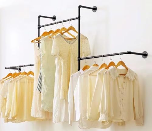 Industrial Pipe Clothing Rack Wall Garment Rack with Pipe Clothes Rails, Heavy Duty Clothes Hanging Rods Space-Saving Closet Organizer (Wall Clothing Rack-3 Hanging Rods) - style: wall clothing rack-3 hanging rods