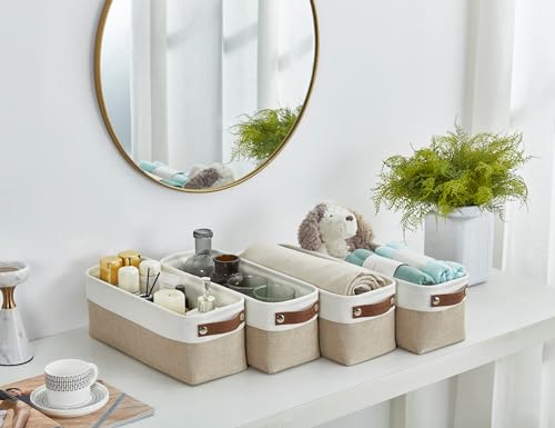 DECOMOMO Narrow Storage Bins Small Baskets for Organizing Bathroom, Toilet Tank, Towel Storage, Entryway, Gifts (Beige and White - Set of 4) - color: Beige and White, size: Narrow/4P