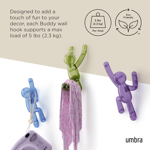 Umbra Buddy Wall Hooks – Drill-Free PIN-Point Decorative Wall Mounted Coat Hooks for Hanging Coats, Scarves, Bags, Purses, Backpacks, Towels & More, Set of 3, Assorted Gem Colors - color: Gem Multi
