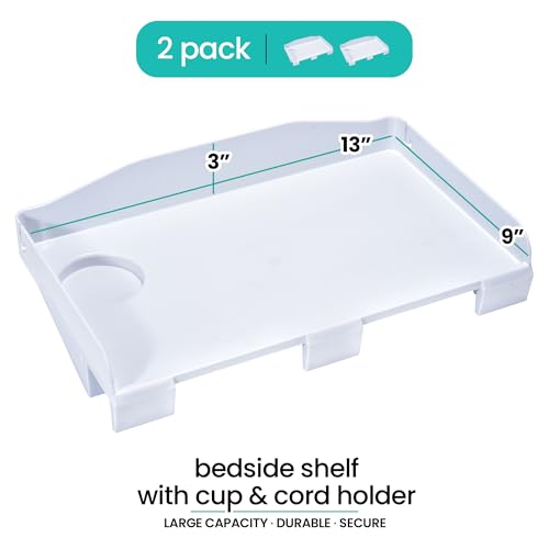 Modern Innovations 2 Count Bedside Organizer for Bed – Clip On Tray with Cup & Cord Holder – for College Dorm, Top Bunk, or Kids Bedroom (White) - color: White